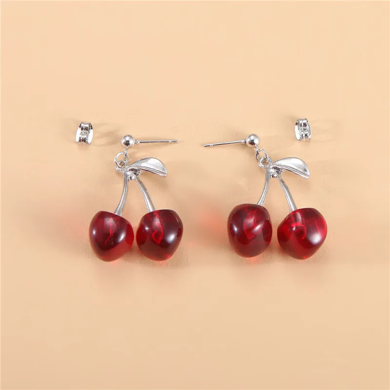 New Sweet Summer Red Transparent Cherry Fruit Fashion Long Ear Nail Earrings Fashion Black Anime Earring For Women Party Jewelry