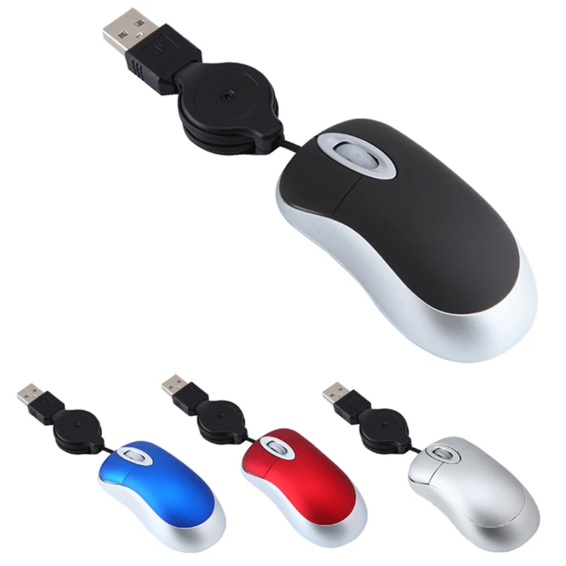 Mini USB Wired Mouse Retractable Cable Tiny Small Mouse 1600 DPI Optical Compact Travel Mice for 98 2000 XP Vista Ve (Silver)