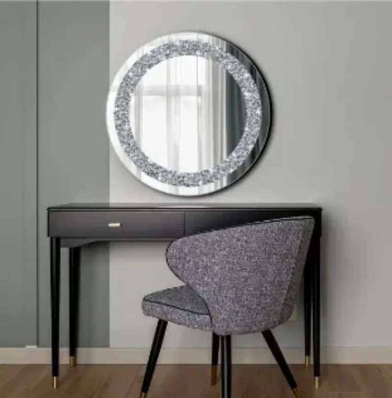 30CM European Style Light Luxury Round Broken Diamond Wall Living Room Decoration Bathroom Mirror