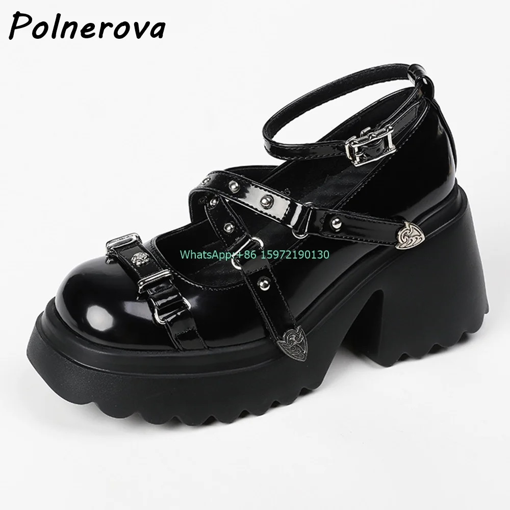 

Buckle Shallow Mary Jane Shoes Rivet Ankle Strap Round Toe Platform Shoes Metal Punk Fashion Patent Leather Chunky Heels Shoes