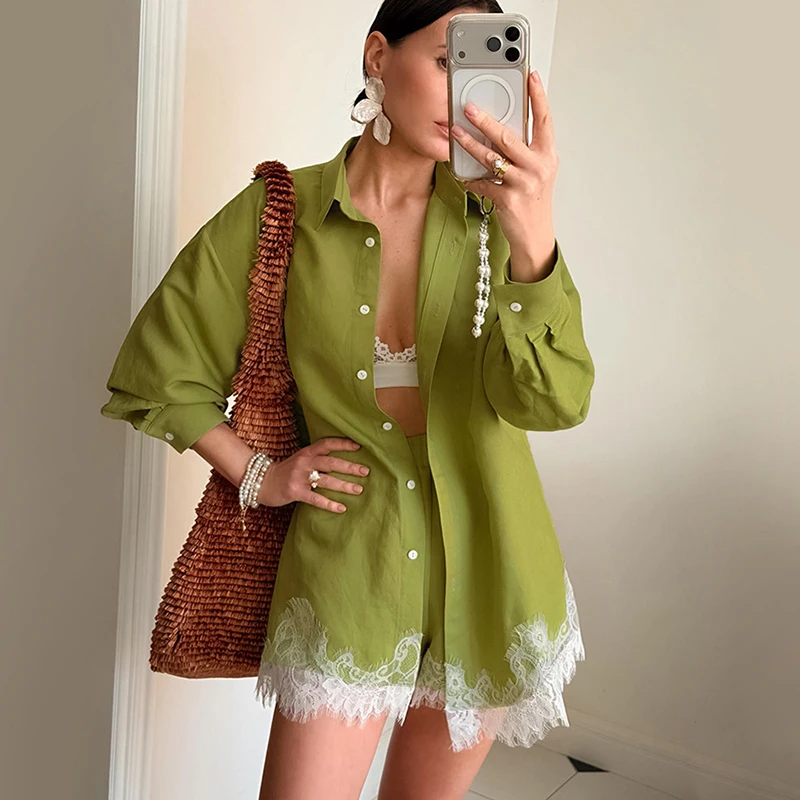

Lace Shorts Suit Women Casual Fashion Vacation Long Sleeve Shirt Loose Summer Matching Sets
