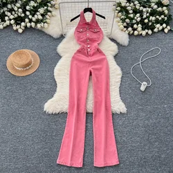 Women jean jumpsuit collar hanging neck single breasted high waist slimming slim fit backless denim jumpsuits outfit