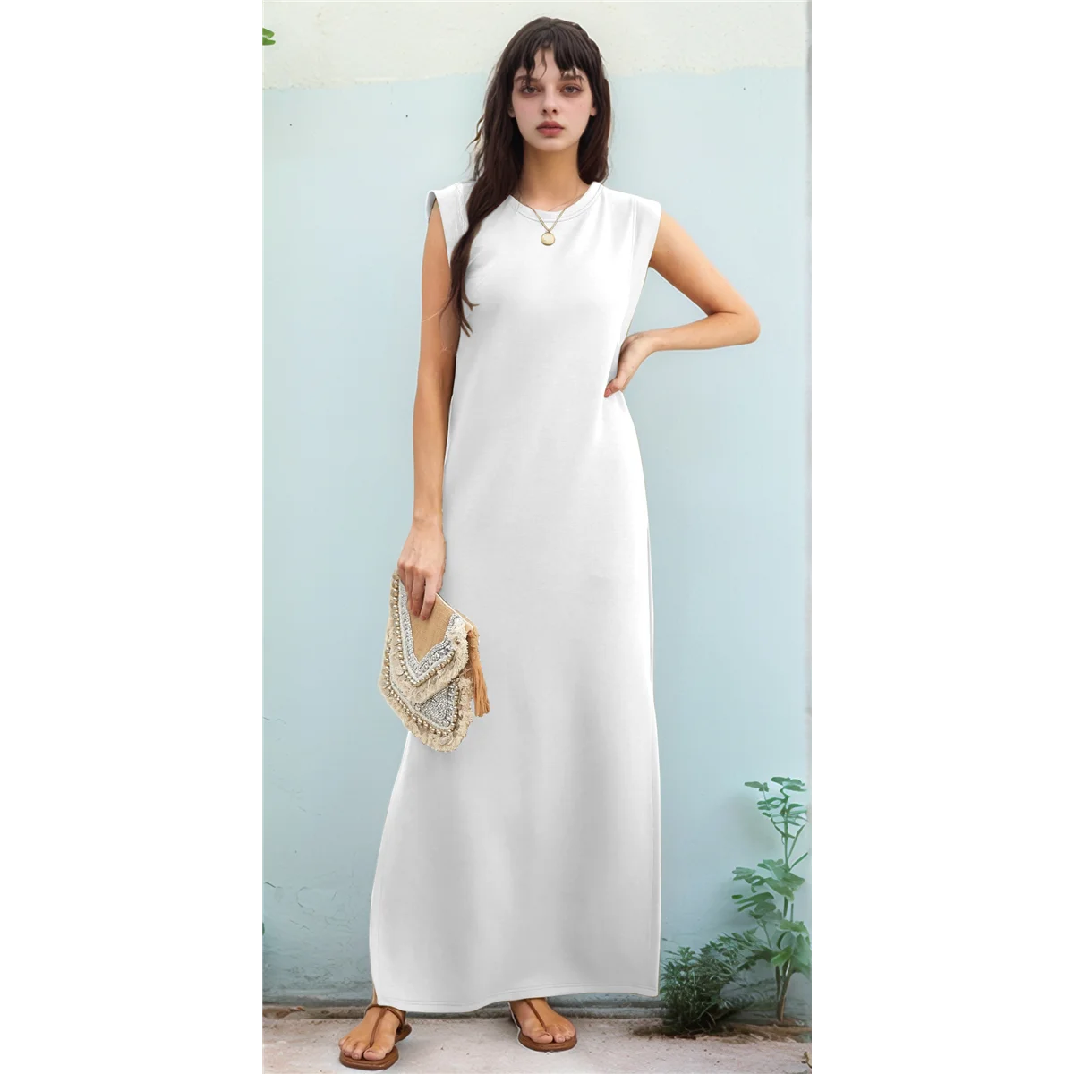 2025 Women Summer Round Neck Casual Loose Split Wrinkle-Free Long Maxi Vacation Dress with Pockets White M