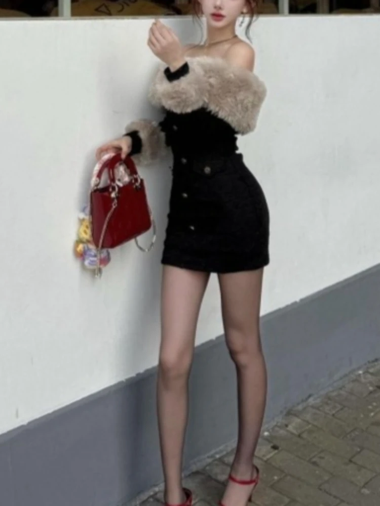 Abito francese elegante retrò sexy da donna con spalle scoperte e dettagli in pelliccia, mini abito aderente, abiti chic alla moda invernale per la festa notturna