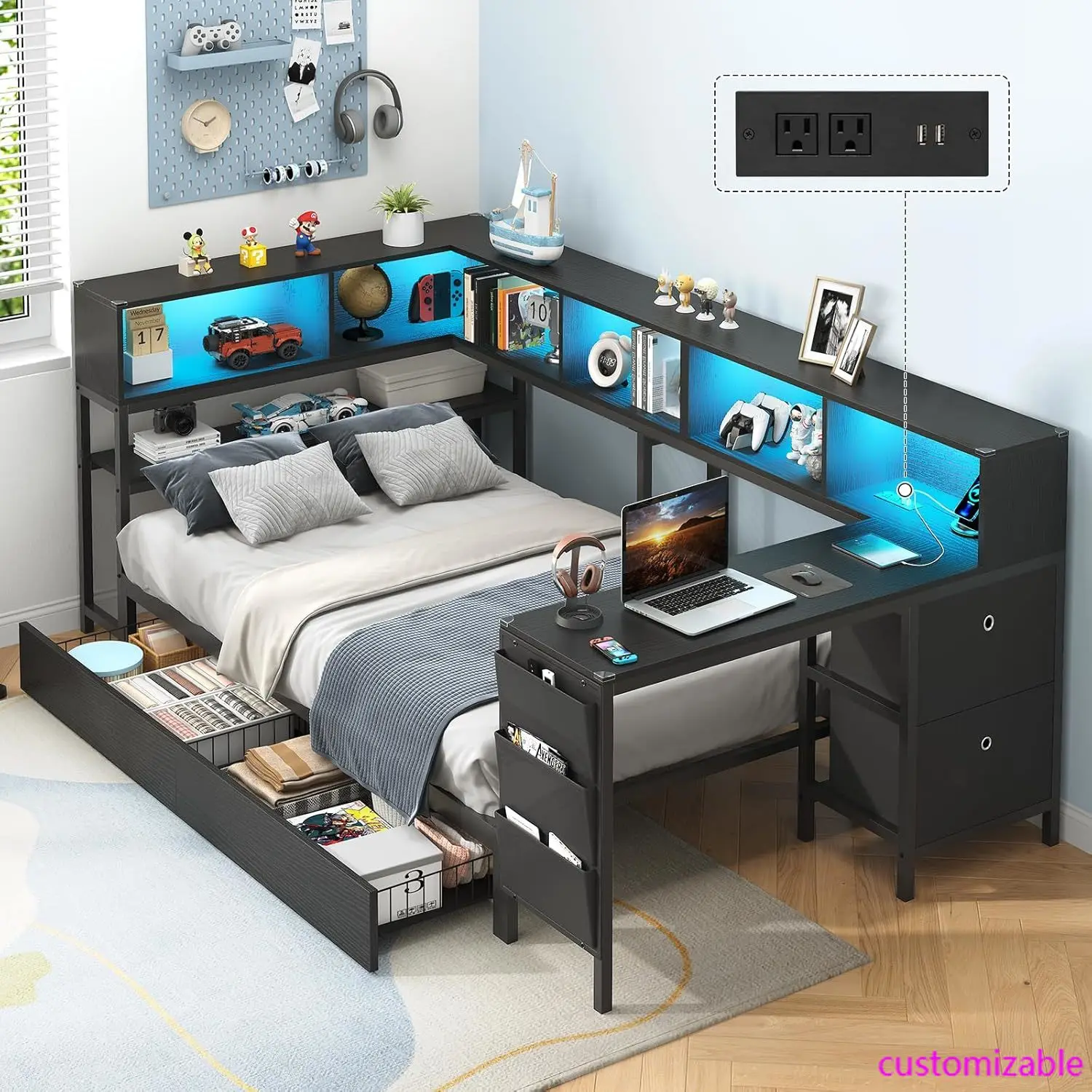 Twin Corner Bed with Desk, Storage & LED Lights - Multi-Functional Teen Bed Frame with Charging Station