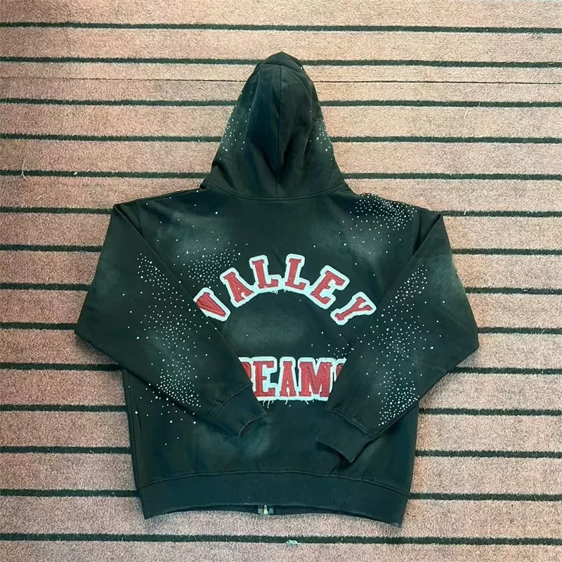 Harajuku Logo VALLEY سترات كبيرة الحجم بسحاب للرجال والنساء 1:1 أفضل جودة على الطراز الأمريكي فالي هوت دريل هوديي