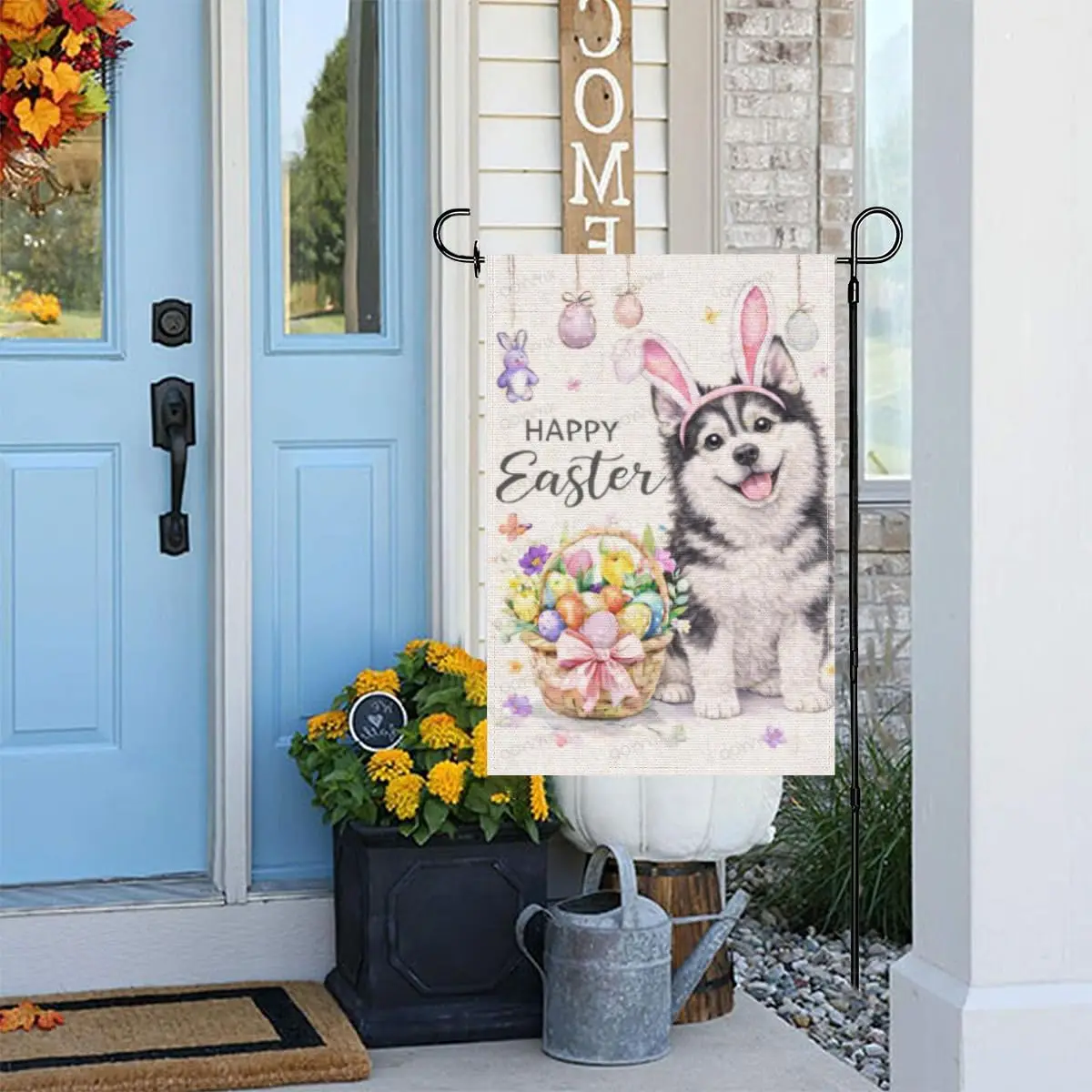 Happy Easter Garden Flag Husky with Bunny Ears and Easter Eggs Double Sided Outside Yard Decoration Small Yard Flag 12x18 In PPM