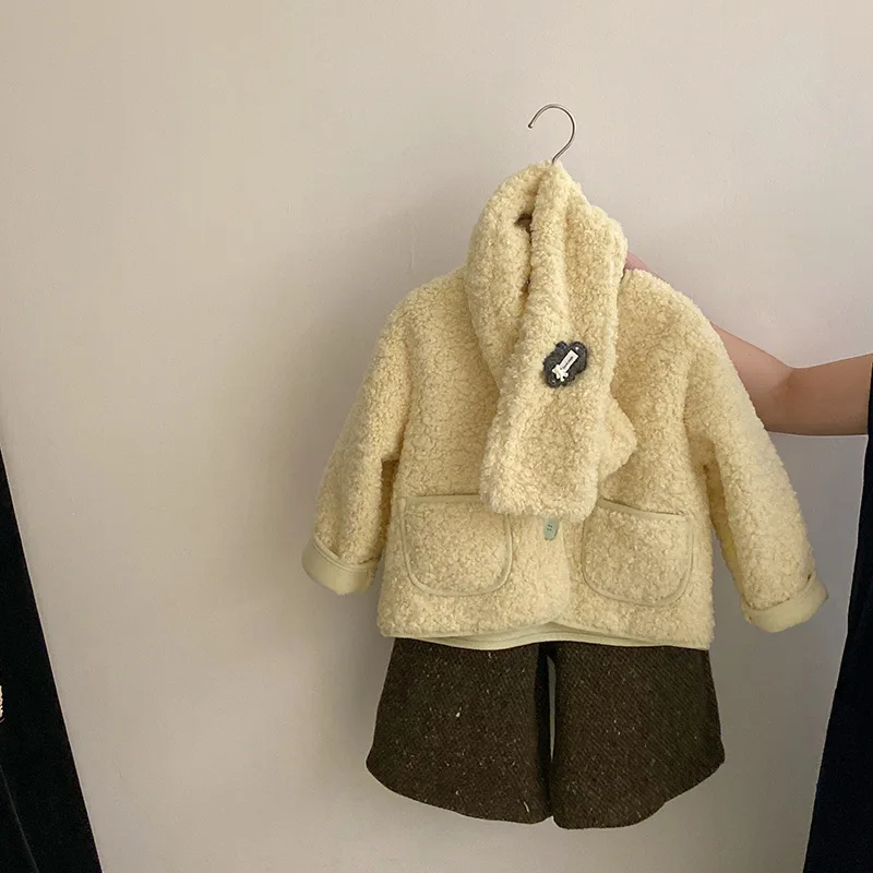 

Three-piece Set Thickened Colorful Dot Casual Wide-Leg Pants Fleece Fluffy Scarf Coat New Grils Children Korean Loose Casual