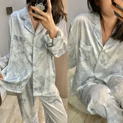 Grey Print Pajamas Set 2024 Summer New Sleepwear Nightwear Lady Ice Silk Home Clothing Sexy 2Pcs Pyjamas Loungewear Outfit