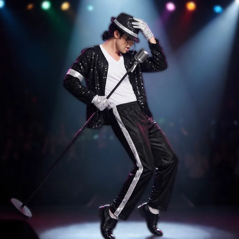 Adult Retro Disco Stage Performance Costume Set Sequin Jacket Hat T‑Shirt Pants Gloves Leg Cuffs Carnival Fancy Dress Outfit