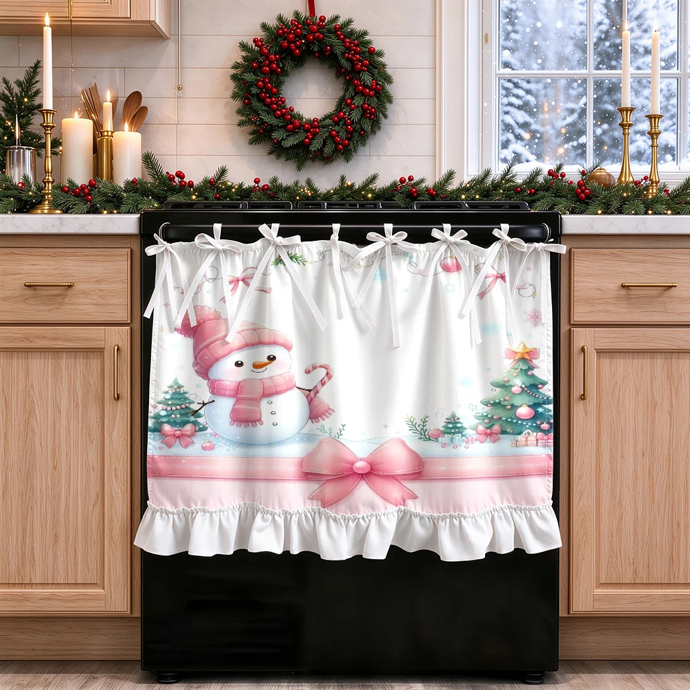 1PC lace up kitchen curtain, ruffled hem, 2D flat Snowman Candy Cane pattern, cabinet cover curtain, Christmas home decoration