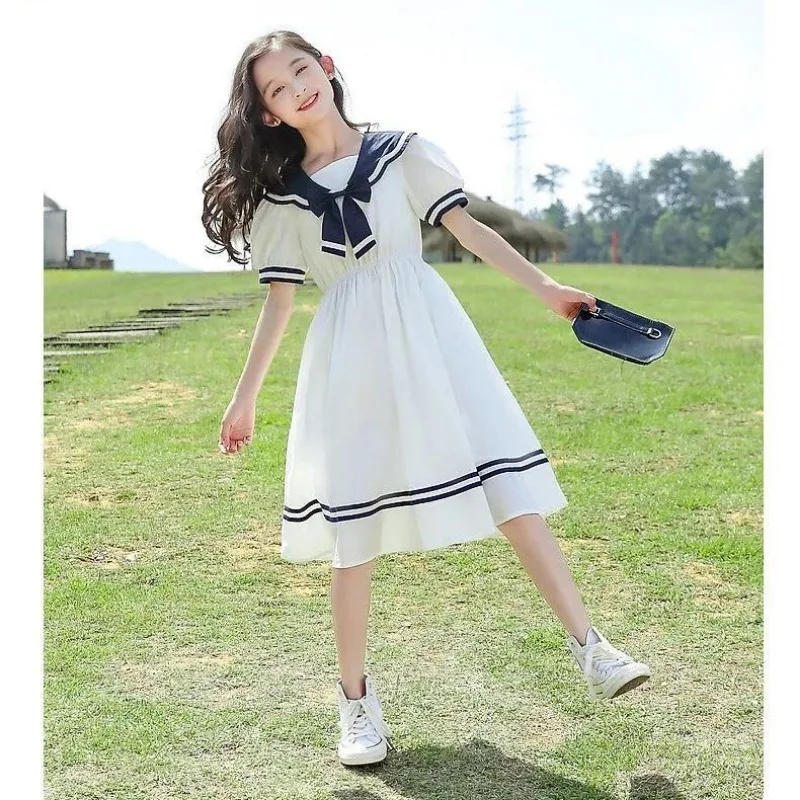 New Summer Dress for Girls Short Sleeved Dresses Sailor CollarTeenagers Vestido Kids Princess Clothing 6 8 10 12 14 Year Clothes