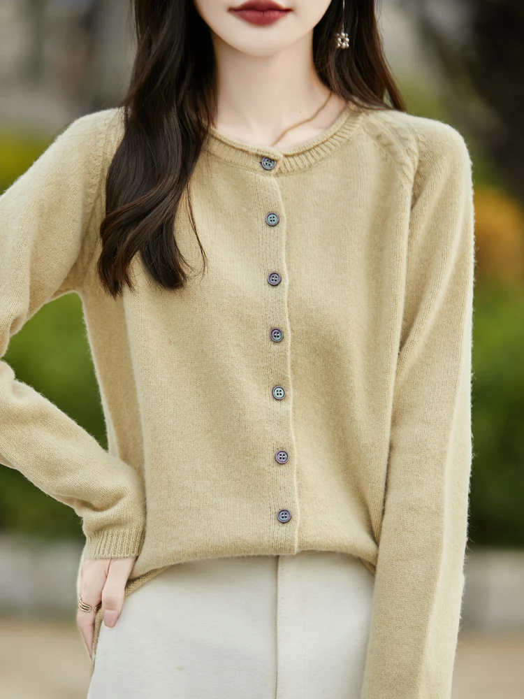 

Новый модный женский шерстяной кардиган-свитер из 100% мериносовой шерсти, осенне-зимний, с круглым вырезом, на пуговицах, повседневная мягкая одежда