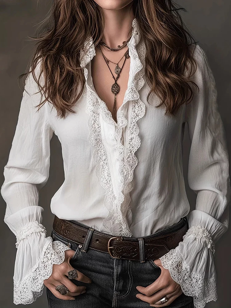 Women Vintage Western Lace Trim Blouse Casual Lapel Collar Single-breasted Long Bell Sleeve Boho Streetwear Retro Shirts Tops