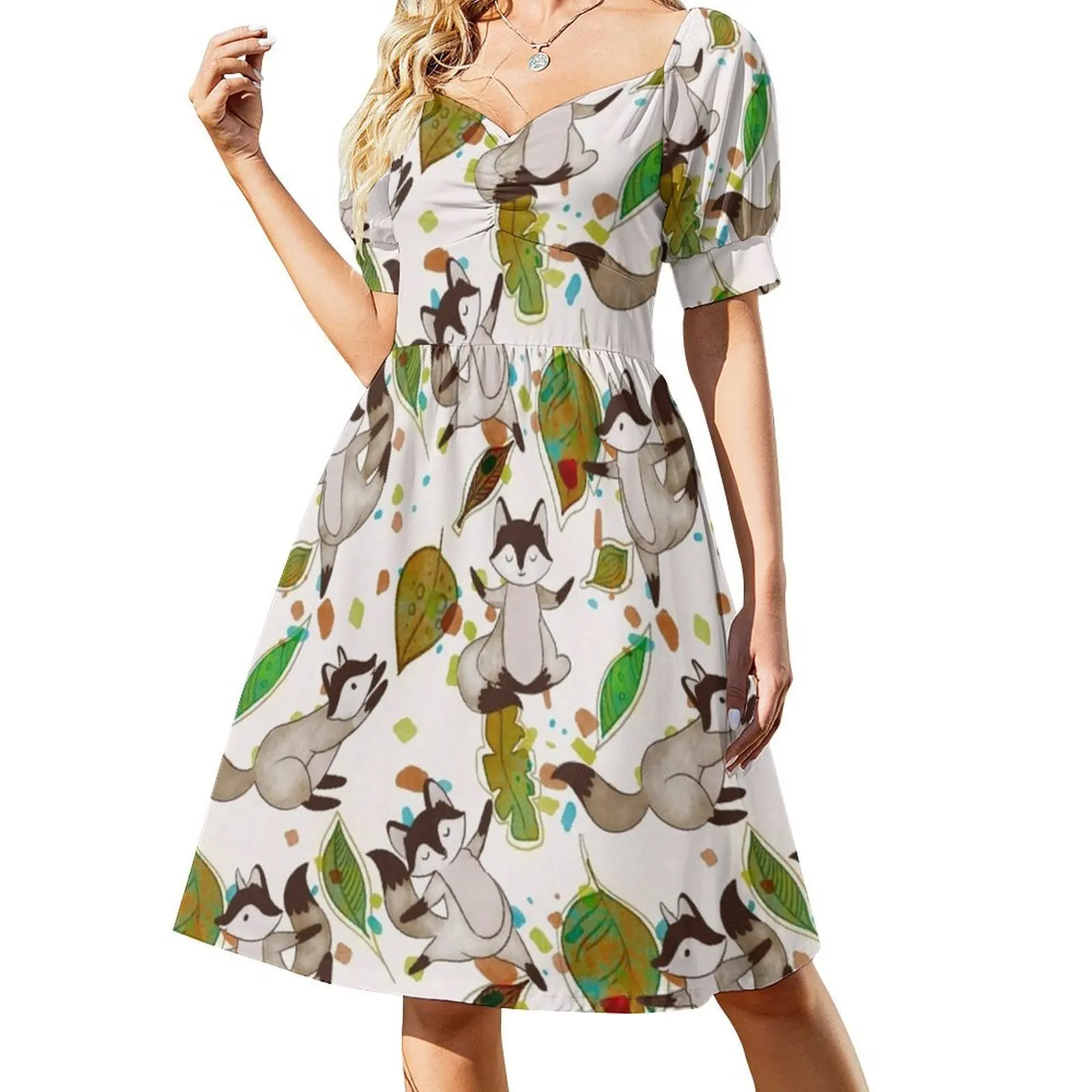 Vestido informal de estilo coreano de zorro dulce para mujer, vestidos sencillos de oficina para uso diario, patrón de animales, patrón bonito de animales para mujer