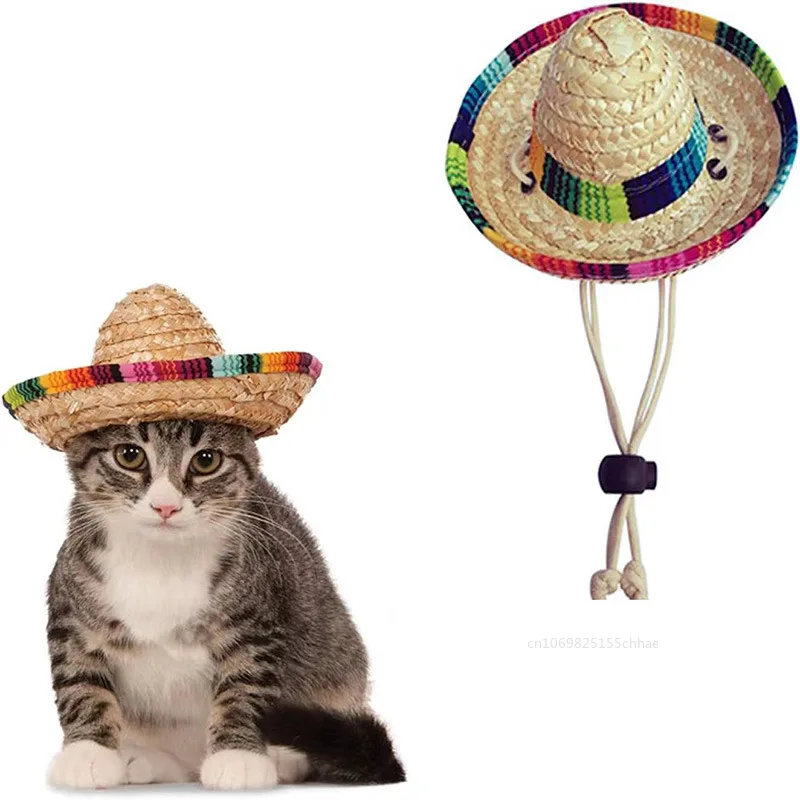 1pc Colorful Mini Pet Dogs Straw Hat Sombrero Cat Sun Hat Beach Party Mexican Straw Cap Hats Hawaii Style Hat Dog Accessories