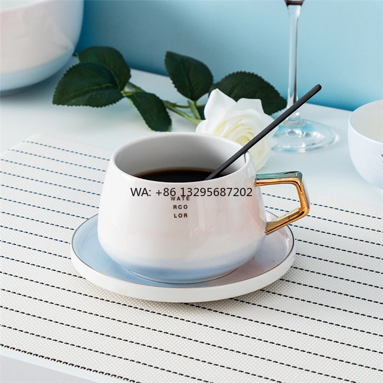 

Wholesale Custom logo Watercolor Gold Handle Porcelain Tea Coffee Cup with Saucer