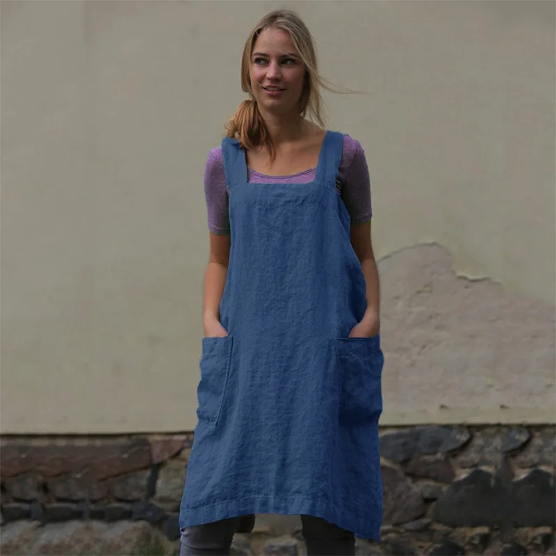 Tabliers de cuisine pour femmes, robe en coton et lin, décontracté, solide, Bandage, vêtements amples