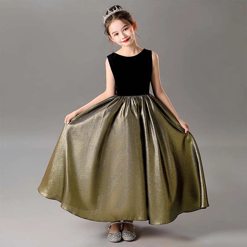 Black and Gold Girl Dresses Wedding Bridesmaid Skirt Girls Pageant Gown Floor Length Prom Dresses  Instrument Performance