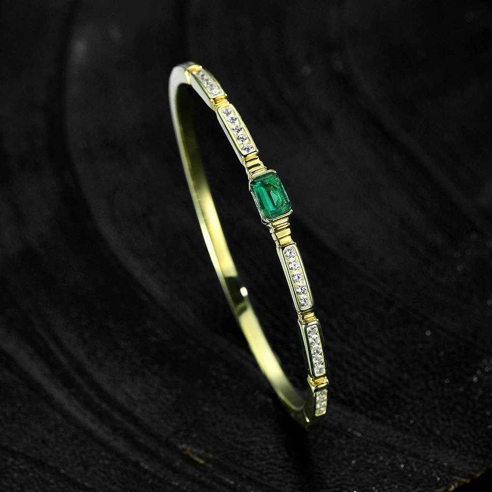 Wong Rain Vintage 18K Gold Plated 925 Sterling Silver 1.5CT Emerald High Carbon Diamond Gemstone Bracelets Bangle Fine Jewelry