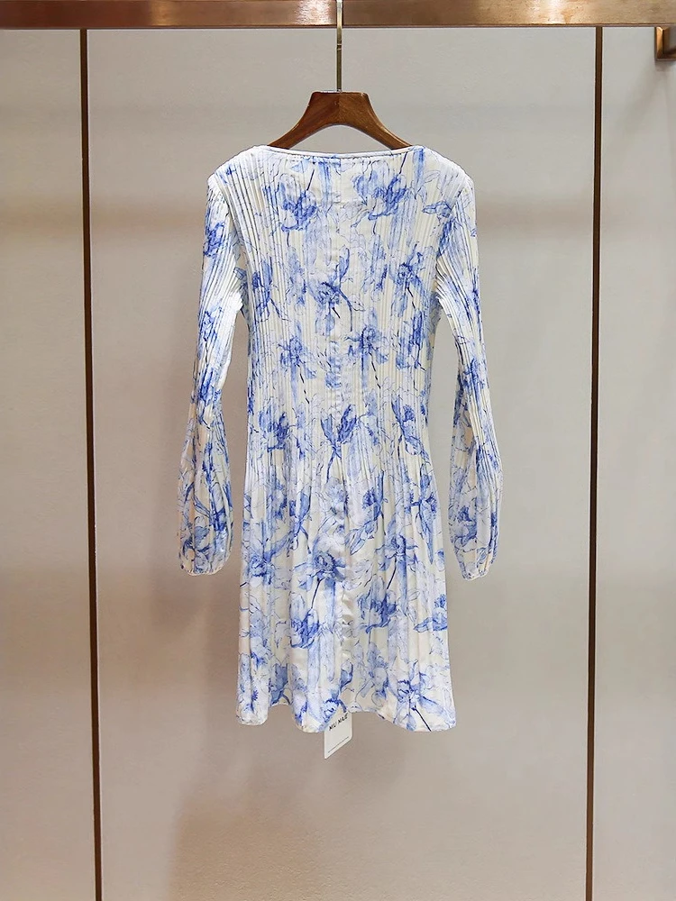 High End Women's Summer New French Style Small Fragrance Design with Pleated Long Sleeved Printed Dress for Women
