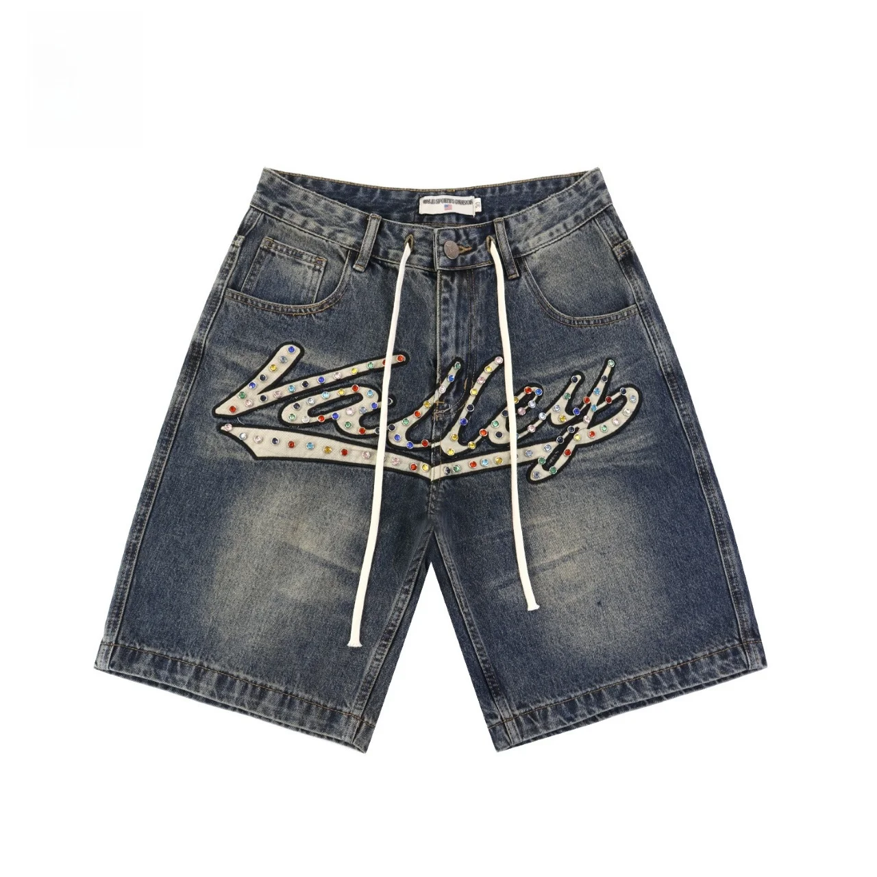 

Новые модные джинсовые шорты унисекс 2026 года в стиле High Street Valley Dreams с декором из страз и надписями, прямого кроя, со средней посадкой, из хлопка