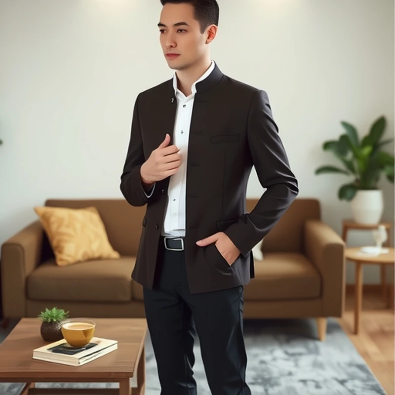 

Chinese Style Mens Zhongshan Suit Stand Collar Tang Suit Traditional Hanfu Performance Costume Blazer Jacket For Men FS-255