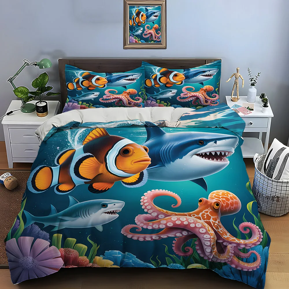 Aquatic creatures and ocean scene Bedding Set for Kids Luxury Gift 3pcs Digital Print Comforter Set Soft Comfortable Breathable