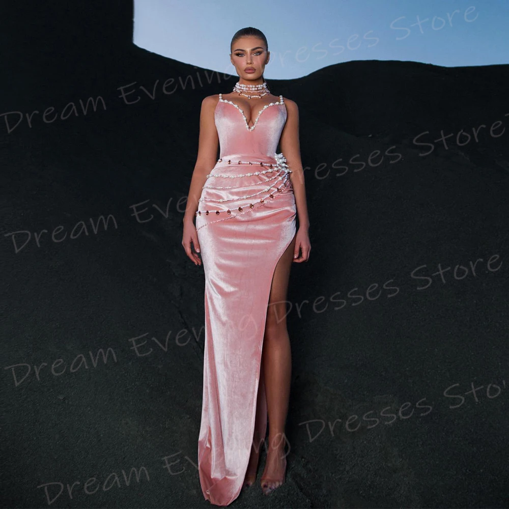 Robe de Soirée de Forme Sirène pour Femme, Tenue de Bal Moderne, de Couleur Rose, avec Bretelles Spaghetti, Fente Haute, Perlée, Quel que soit le Côté