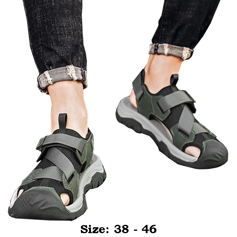 

High quality leather flat sandals for men round toes new summer 2024 size 45 46 casual outdoor walking big size shoe blue green