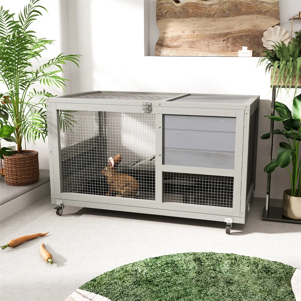 

2-Tier Rabbit Hutch on Wheels, Wood Bunny Cage with Ramp, Tray, Doors, Openable Top, Lockable, Pet House for Small Animals, Easy