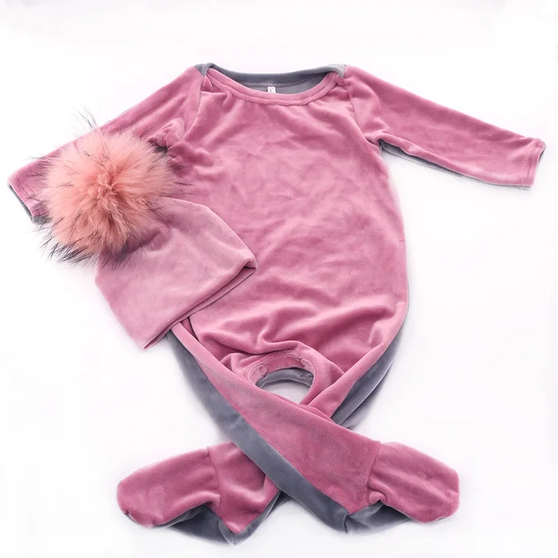 Baby Girls Thicker Velvet romper bodysuit real fur pompom hats set Soft Winter 0-12 month boys Kids long sleeves Footies Clothes