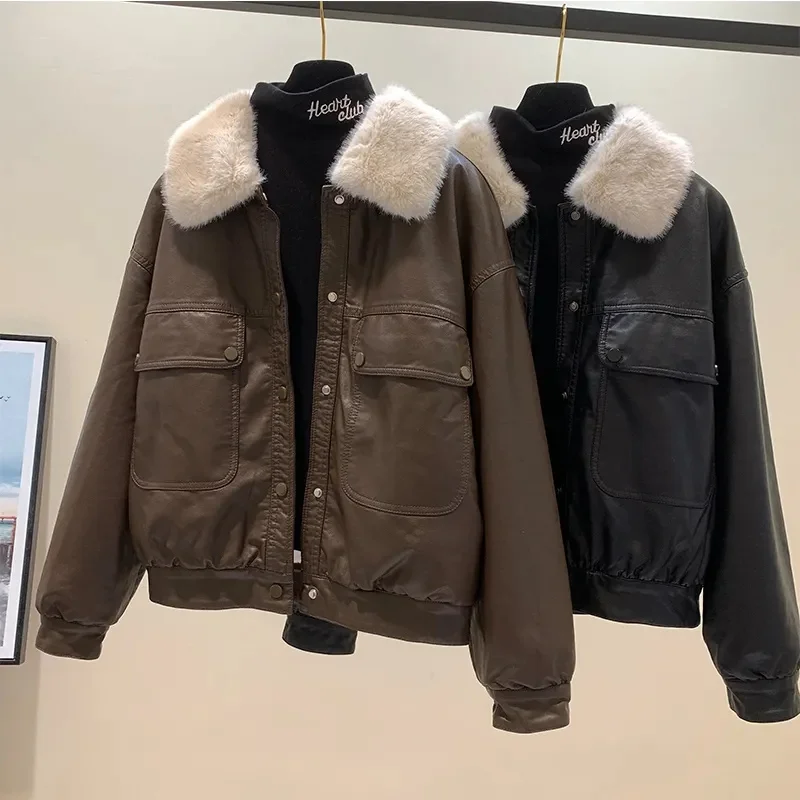 

Autumn Winter Parka Women Faux Rabbit Hair Fur Liner Leather Jacket Short Coat Fleece Outerwear Female Streetwear PU Jackets
