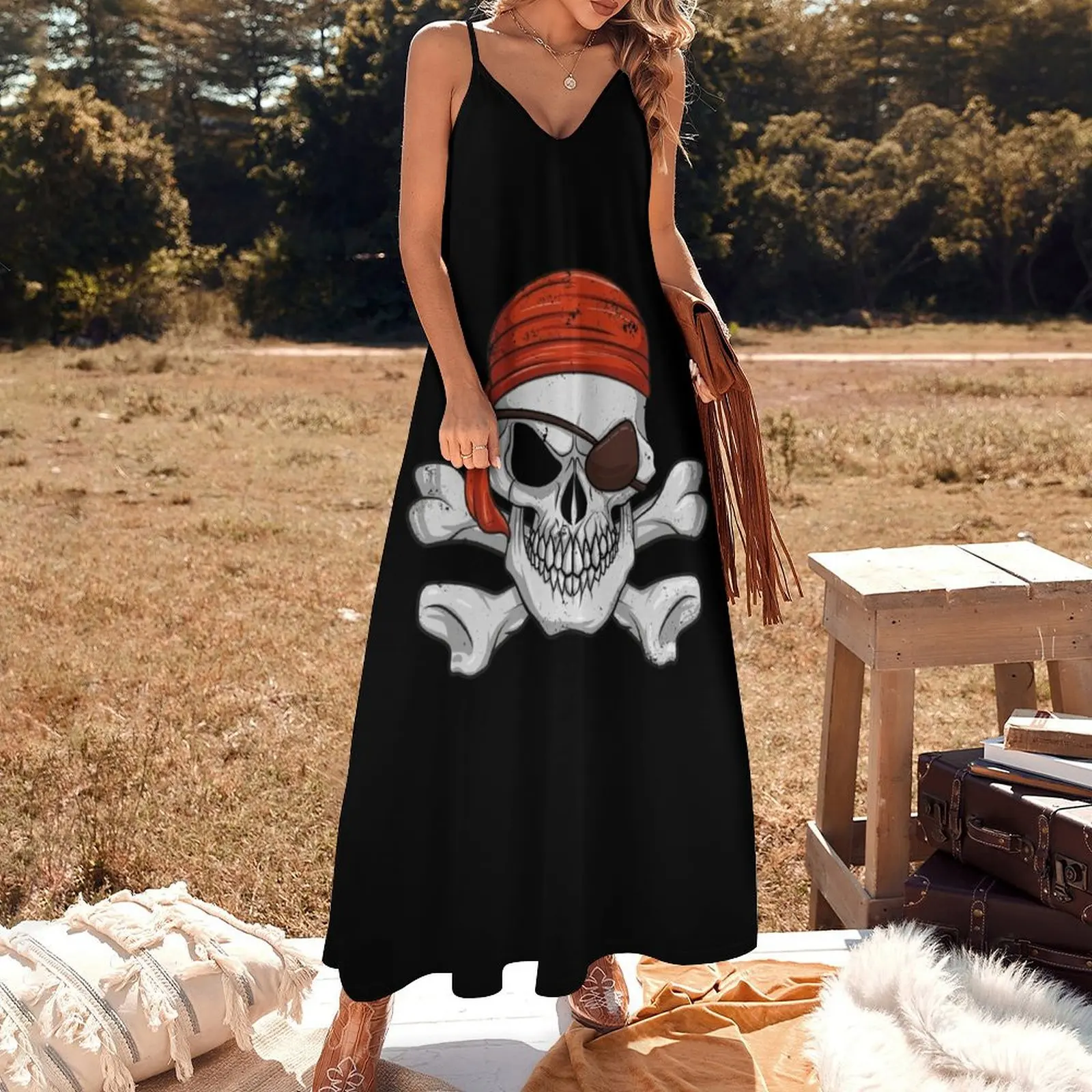 Pirate Skull & Crossbones Halloween Costume Pirate Eyepatch Gear Sleeveless Dress Female dress Dress women