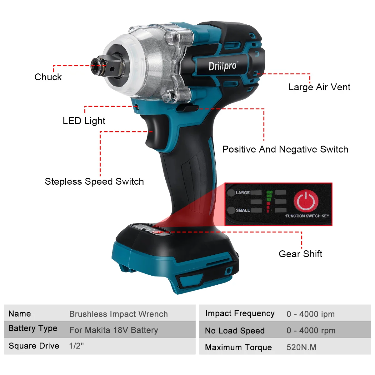 Drillpro-Outils électriques sans fil sans balais, batterie Li 3000mAh, lumière LED pour Makita 18V, 388VF 520N.M