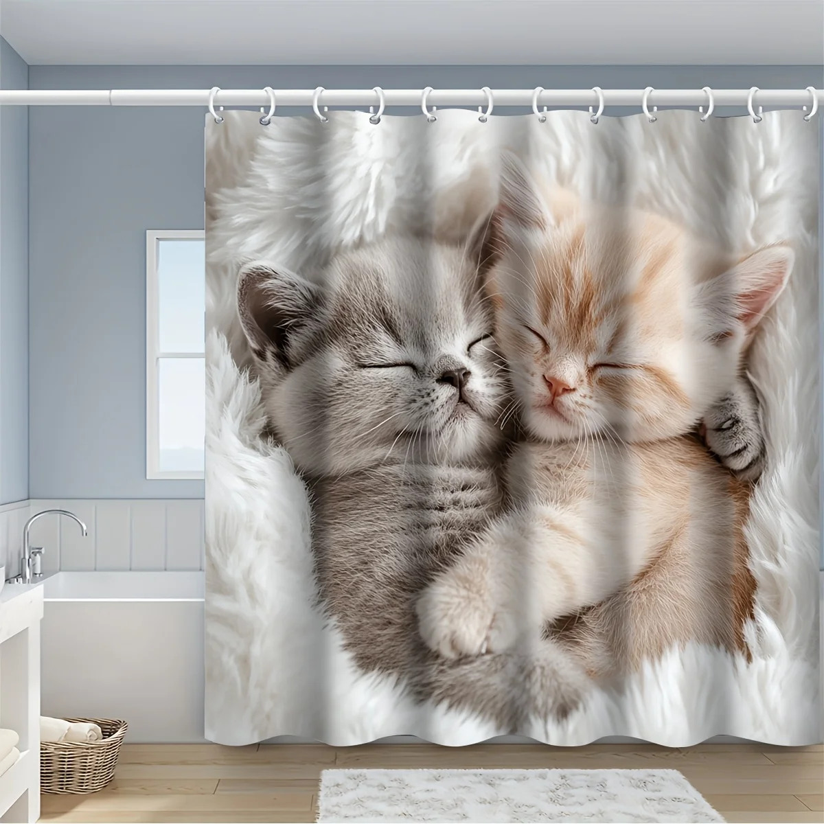 Cute Sleeping Kittens Shower Curtain Waterproof Easy to Clean Privacy Protection Print Realistic Animal Design Adorable 12 hooks