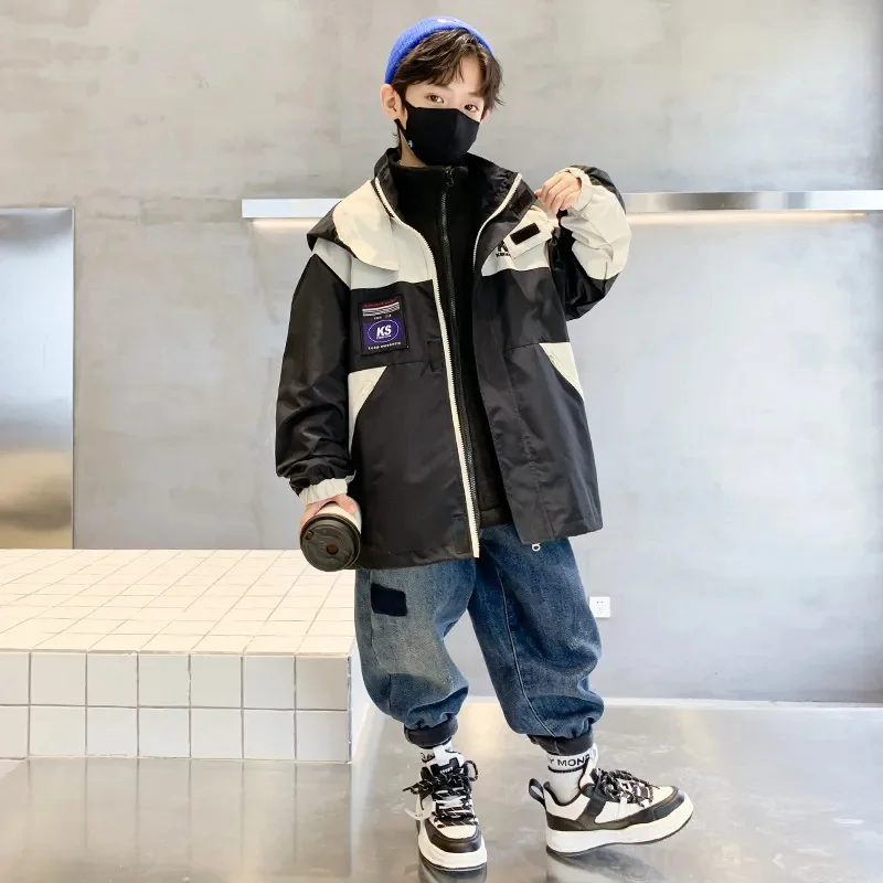 Teen Boy Clothes Fashion Letter Print Patchwork Storm Coat Winter Thick Warm Outerwear Parka Detachable Down Jacket Top 4-14 Yrs