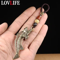 Vintage Brass Fish Skeleton Keychain Lanyard Pendant Fashion Jewelry Lucky Men Car Key Chain Handmade Rope Hanging Chinese Gifts