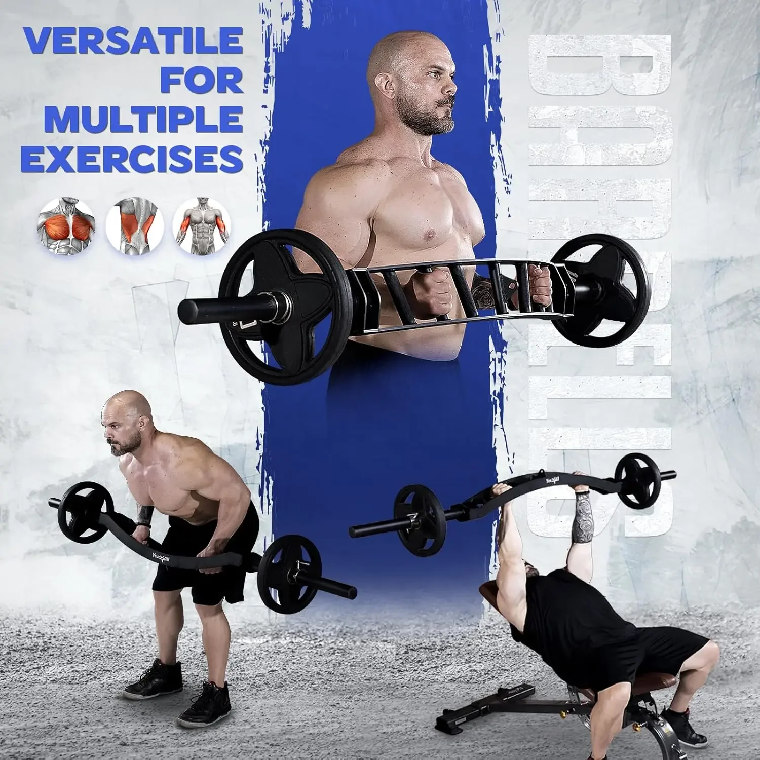 Multi Grip Barbell & Cable Attachment - Swiss Bar, American Bar for Greater Range of Motion, with 2 Collars, Fits Weight Plates