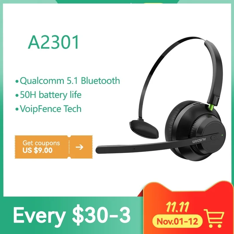 AAA+ A2301 V5.1 Wireless Office UC Headset Noise Reduction Mic 50hrs Talktime Telephone Driver Earphones For Call Center