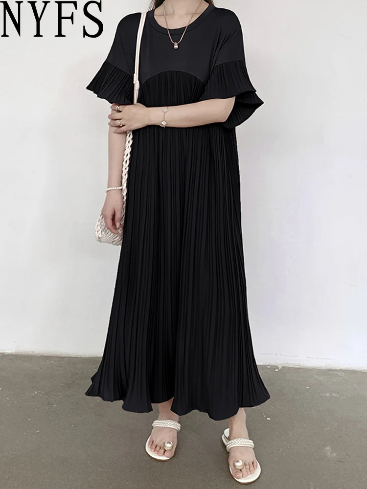 NYFS 2025 الكورية نمط المرأة الصيف فضفاض حجم كبير للطي الربط قصيرة الأكمام فستان طويل رداء Elbise