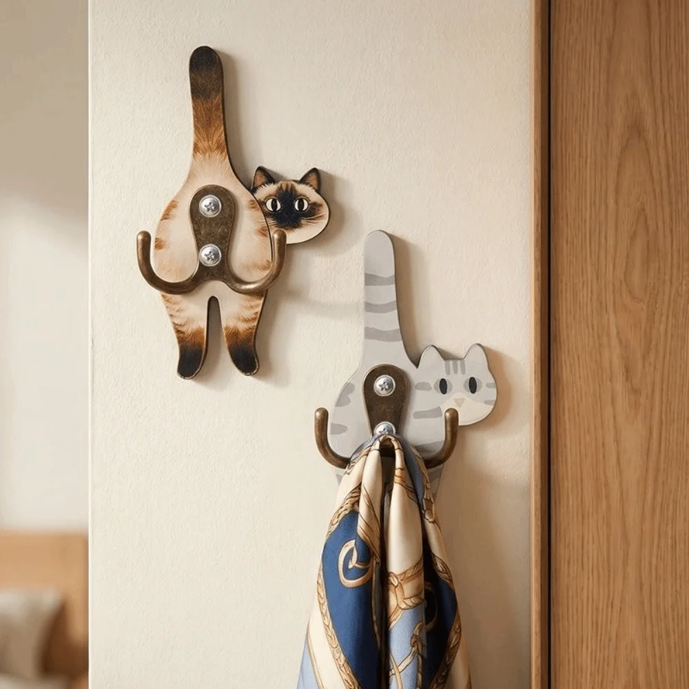 Practical Wooden Cat Shaped Wall Hook Wall Mounted Cartoon Animal Wall Hook Decorative Cute Key Hanger for Entrance