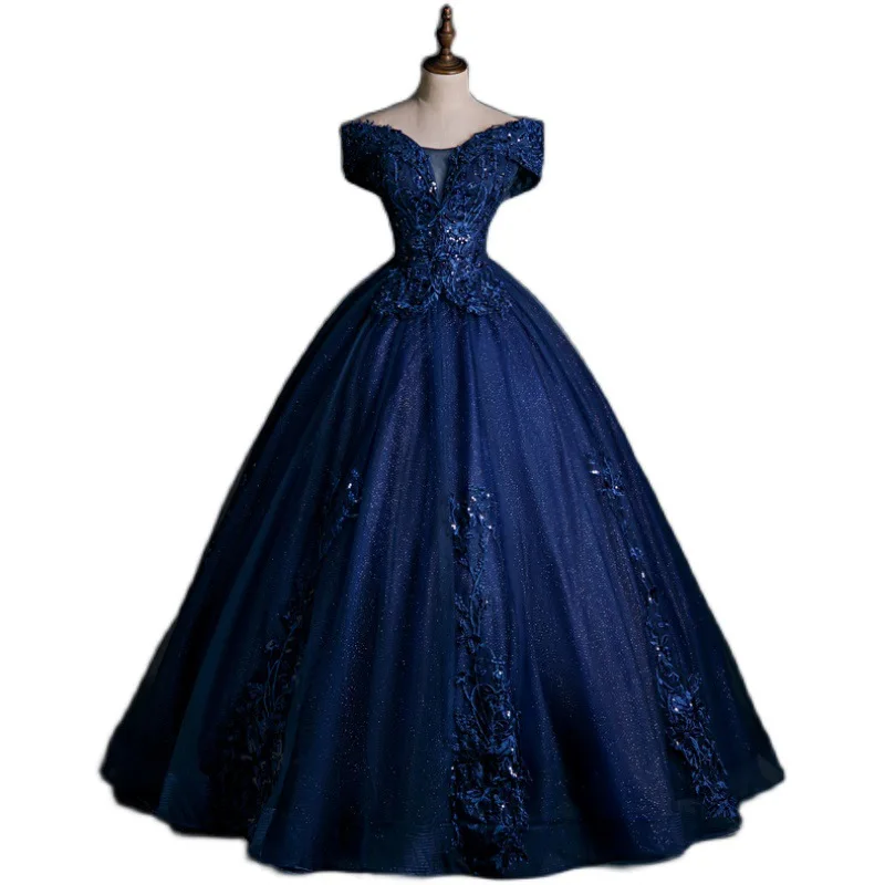 Navy Blue Quinceanera Dresses Tulle Ball Gowns Off the Shoulder Appliques Sweet Party Dresses Princess Birthday Party Gowns