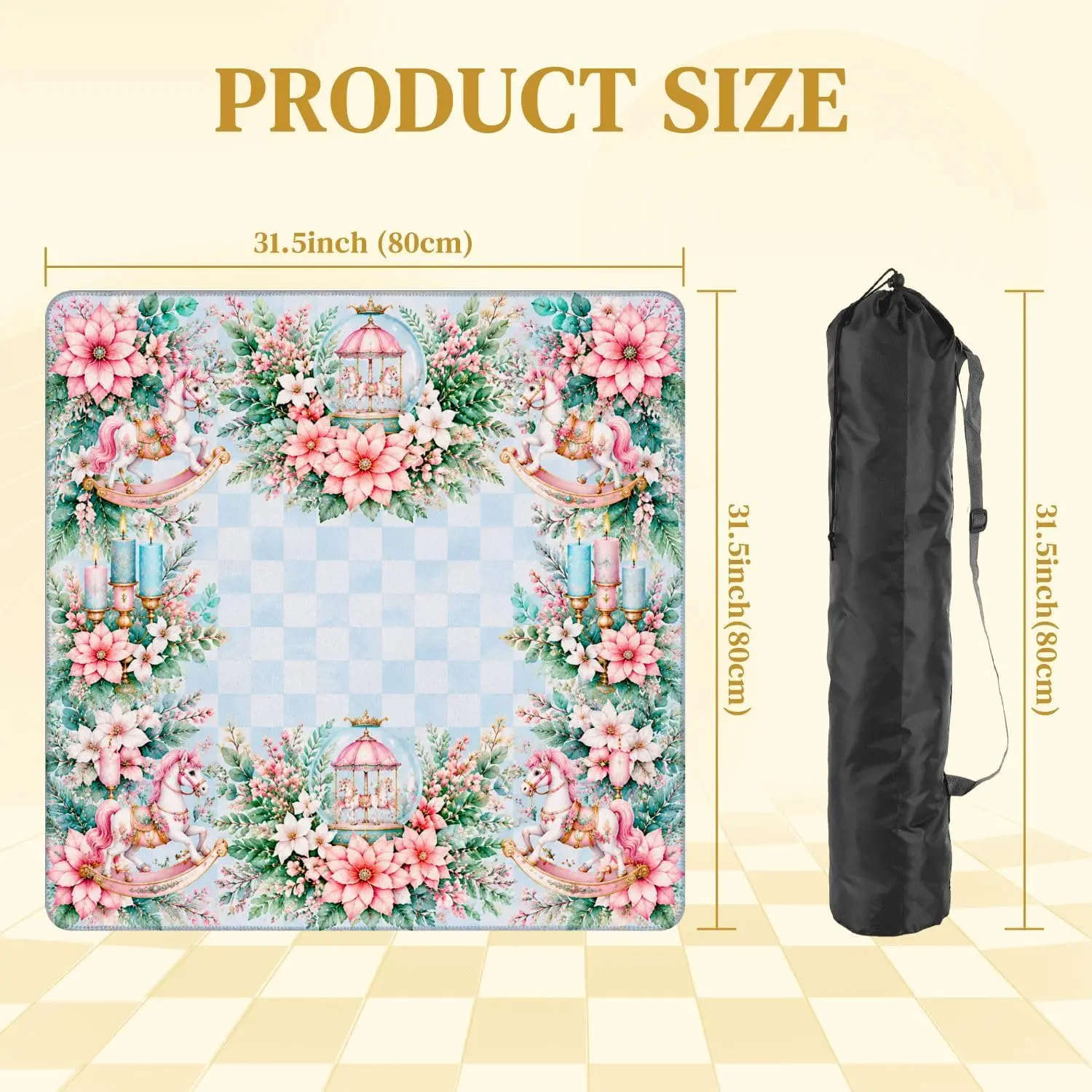 31.5x31.5 Floral Christmas Carousel Rocking Horse Pink Poinsettia Mahjong Mat Non‑slip Noise‑reducing Pad for Poker Dominoes