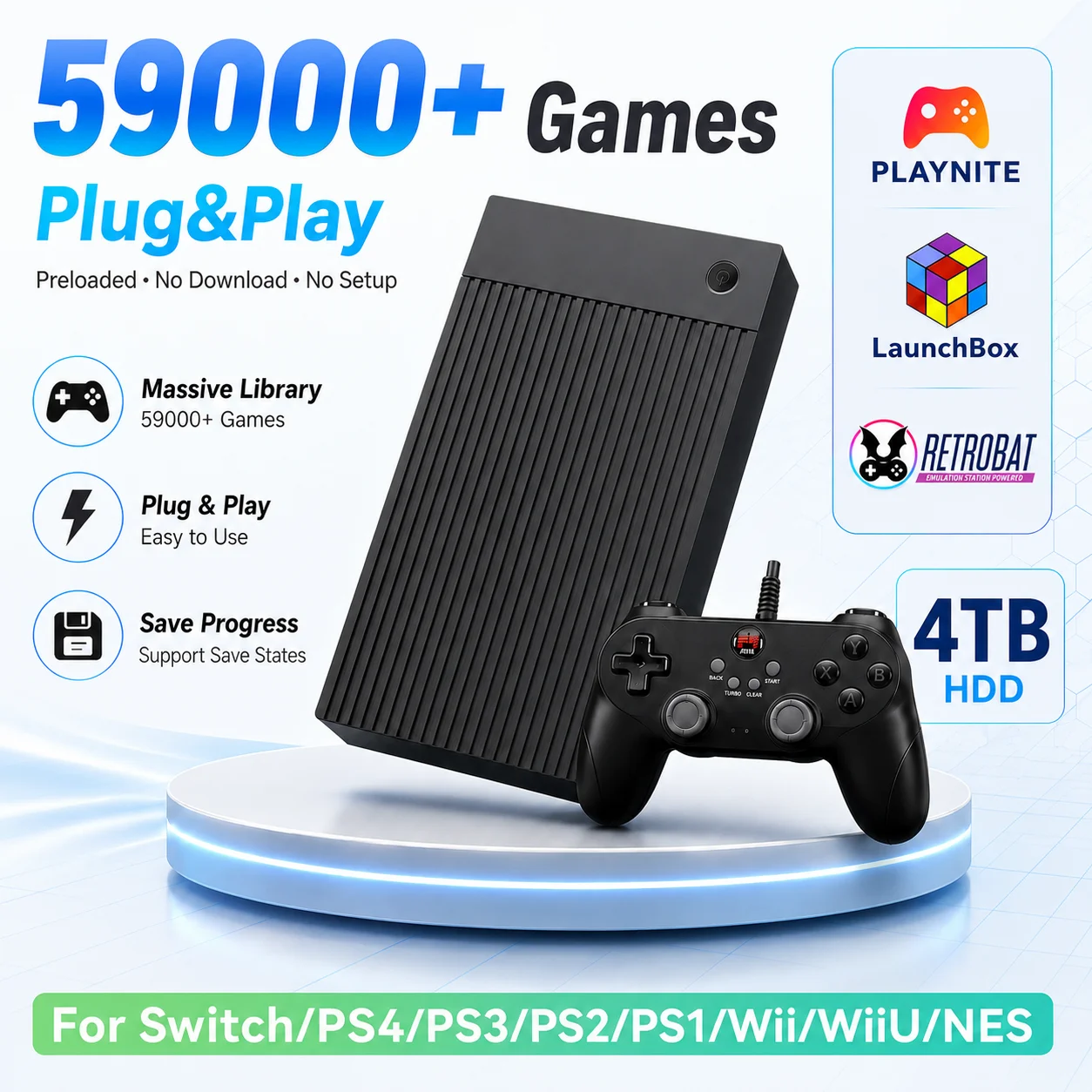 Portable 4TB Gaming HDD with 59599 Retro&AAA&3D Games 80+ Emulators for Switch/PS4/PS3/PS2/PS1/Wii/WiiU/N64 for Win PC/Laptop