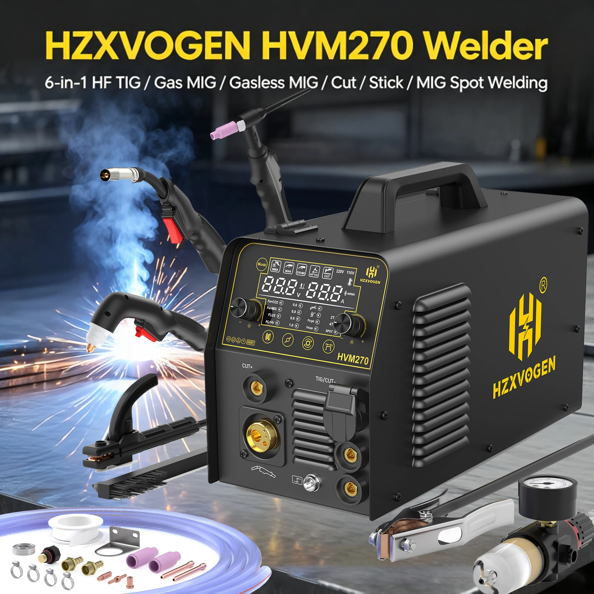 HZXVOGEN HVM270 6 In 1 Combo Plasma Cutter Welder Dual Voltage 110V/220V Synergic Gas/Gasless MIG Spot MIG HF TIG MMA Stick Air Plasma Cutting Machine Multi Process IGBT Welding Cutting Equipment