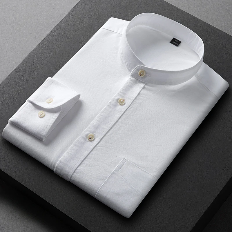 

New in shirt 100%cotton oxford Standing collar shirts for men long-sleeve Chinese style tops casual fashion office white clothes