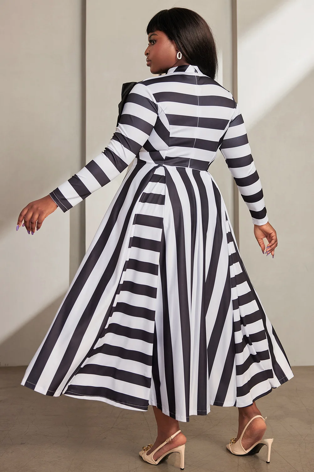 Women\'s Plus Size Semi Formal Maxi Dresses Elegant Black White Striped Fall Winter Mock Neck Long Sleeve Bow Tie Maxi Dresses