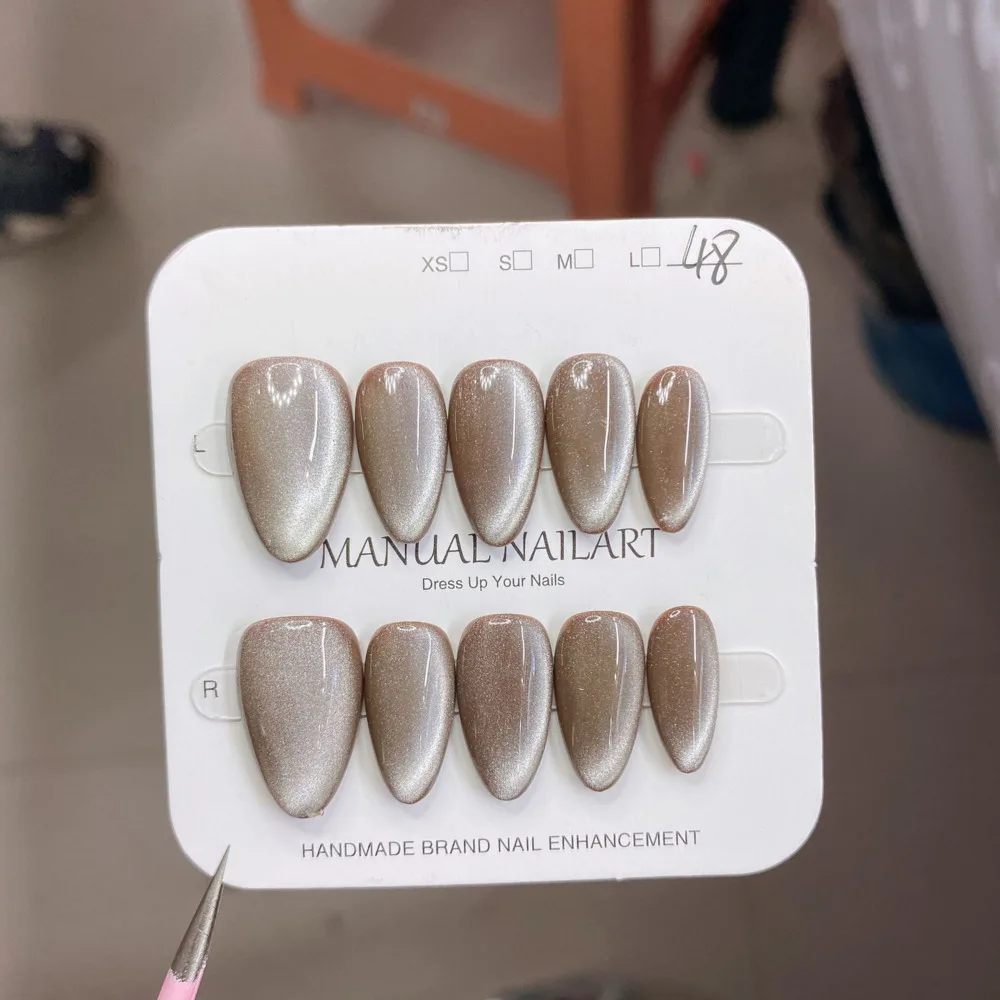 10pc French Almond Shape Cat's Eye Crystal Handmade Press On Nails Sparkling Gel Nail Art Stickers Magnetic Cat's Eye Fake Nails view 2