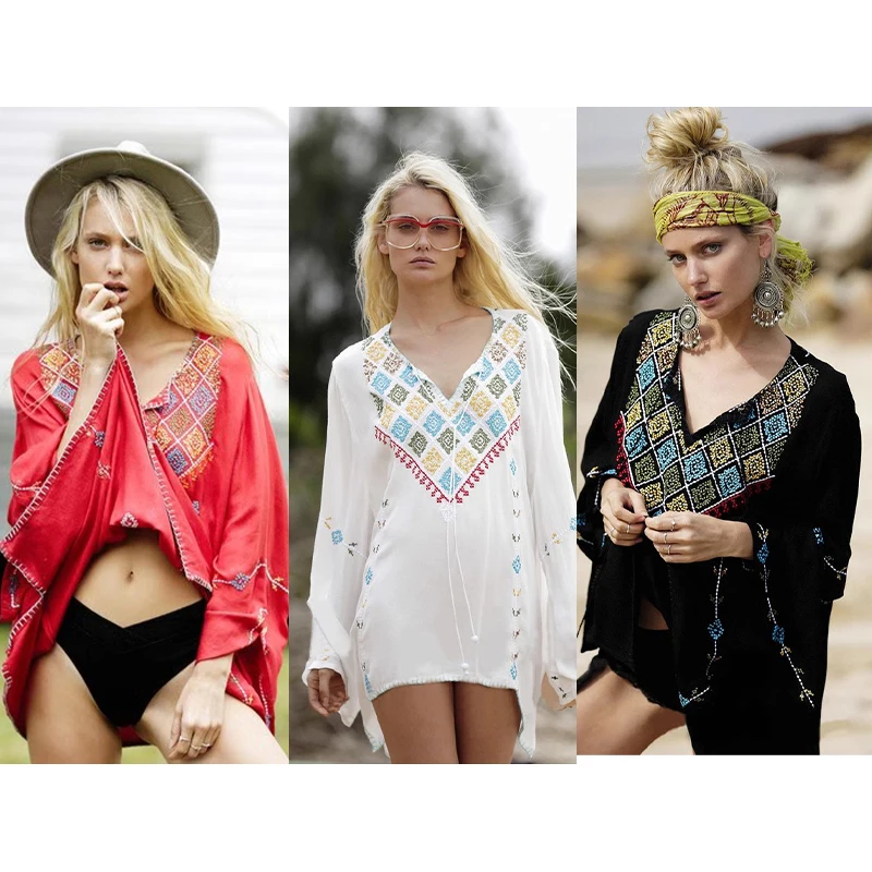 

Богемная праздничная рубашка с цветочной вышивкой и кисточками на шнуровке с v-образным вырезом и длинными рукавами, осенние женские блузки, повседневный пляжный топ